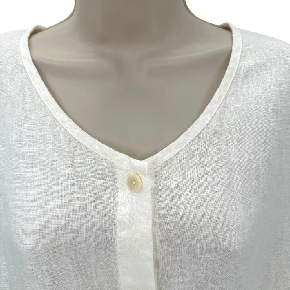 NWOT Flax Womens White Linen Button Front Blouse Long Sleeve Relaxed Fit Size M